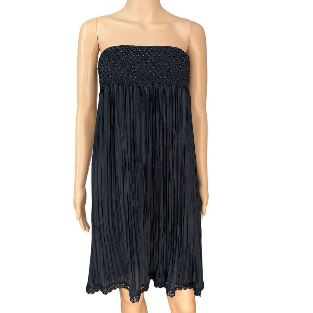 Express 100% Silk Strapless Tube Top Dress Beaded Pleated Black size S